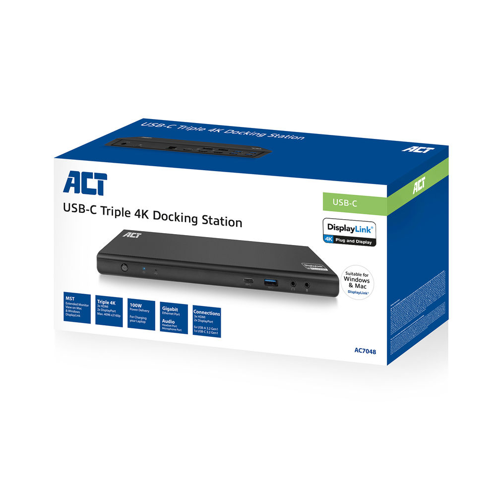 ACT USB-C Dockingstation 4K, voor 2 of 3 HDMI/DisplayPort monitoren, DisplayLink